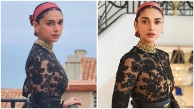 Aditi Rao Hydari walked the Cannes red carpet in black Sabyasachi gown teamed with the signature belt. (Instagram)