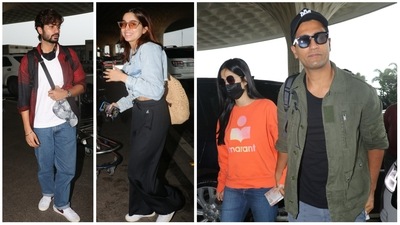 Sunny Kaushal, Sharvari Wagh, Katrina Kaif and Vicky Kaushal at Mumbai airport on Friday. (Varinder Chawla) Sunny Kaushal, Sharvari Wagh, Katrina Kaif and Vicky Kaushal at Mumbai airport on Friday. (Varinder Chawla)