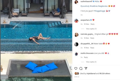 Sushmita Sen shared a post in June from her Maldives vacation. Sushmita Sen shared a post in June from her Maldives vacation.
