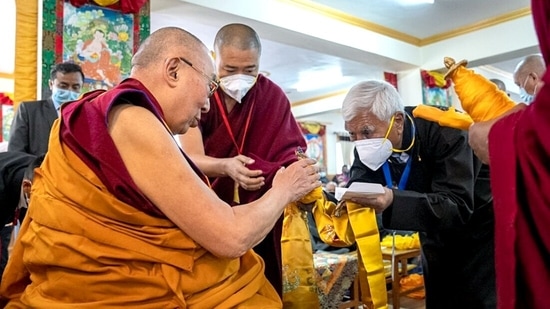 President of Ladakh Buddhist Association (LBA) Thupstan Chhewang welcoming Tibetan spiritual leader Dalai Lama to Ladakh at his residence in Leh on Friday. (ANI) President of Ladakh Buddhist Association (LBA) Thupstan Chhewang welcoming Tibetan spiritual leader Dalai Lama to Ladakh at his residence in Leh on Friday. (ANI)