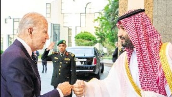 Saudi Crown Prince Mohammed Bin Salman (right) fist bumps US President Joe Biden, in Jeddah on Friday. (Reuters)