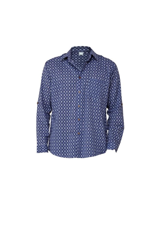 Wear a well-crafted full sleeve semi casual day shirt for more dressy venues. (Printed blue shirt by Cottons, Jaipur)