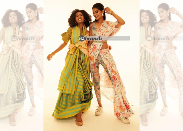 Pre-stitched draped sarees are hasssle-free, easy to wear and can be slipped on like a skirt; On Abha (left): Saree by Shanti Banaras; Shirt by Zara; Juttis by Needledust;Top by Dash & Dot; Earrings by Simran Chabbra; Bracelet by Aulerth; On Tanvi (right):Saree By Geethika Kanumili; Sports bra and track pants by Label Ritu Kumar; Shoes by Zara; Earrings by Simran Chabbra; Bracelet by Aulerth; Belt by Dolly J (Vidushi Gupta) Pre-stitched draped sarees are hasssle-free, easy to wear and can be slipped on like a skirt; On Abha (left): Saree by Shanti Banaras; Shirt by Zara; Juttis by Needledust;Top by Dash & Dot; Earrings by Simran Chabbra; Bracelet by Aulerth; On Tanvi (right):Saree By Geethika Kanumili; Sports bra and track pants by Label Ritu Kumar; Shoes by Zara; Earrings by Simran Chabbra; Bracelet by Aulerth; Belt by Dolly J (Vidushi Gupta)