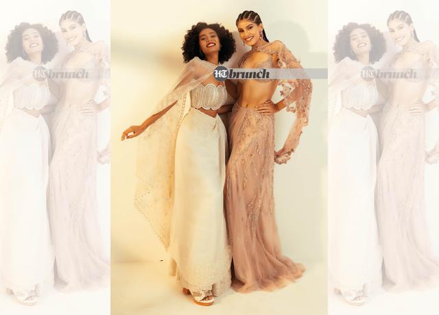 The Sattika style has always remained a designer’s favourite; On Abha (left): Saree by Archana Jaju; Top and dupatta by Geethika Kanumilli; Sandals by S&A; On Tanvi (right): Saree, blouse and cape by Dolly J; Earrings by Anayah; Shoes by S&A (Vidushi Gupta) The Sattika style has always remained a designer’s favourite; On Abha (left): Saree by Archana Jaju; Top and dupatta by Geethika Kanumilli; Sandals by S&A; On Tanvi (right): Saree, blouse and cape by Dolly J; Earrings by Anayah; Shoes by S&A (Vidushi Gupta)