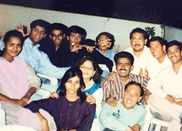 Manav (second from left, in blue) at his school, Baroda High School, reunion Manav (second from left, in blue) at his school, Baroda High School, reunion