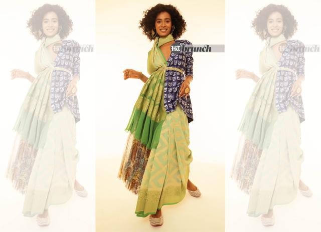 Silk is classic and goes well with a flared ghagra or lehenga-style drape; Saree by Shanti Banaras; Skirt by Label Ritu Kumar; Blazer by Rudraksh Dwivedi; Earrings by Simran Chabbra; Ring by Aulerth (Vidushi Gupta) Silk is classic and goes well with a flared ghagra or lehenga-style drape; Saree by Shanti Banaras; Skirt by Label Ritu Kumar; Blazer by Rudraksh Dwivedi; Earrings by Simran Chabbra; Ring by Aulerth (Vidushi Gupta)