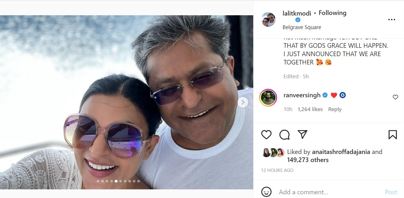 Ranveer Singh and many others reacted to Lalit Modi's post about Sushmita Sen.&nbsp;