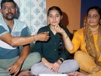 Reetika Sharma from the remote village of Udhampur district celebrates after topping the class 10th exam with 99.8 per cent marks, on Friday.(ANI Photo) Reetika Sharma from the remote village of Udhampur district celebrates after topping the class 10th exam with 99.8 per cent marks, on Friday.(ANI Photo)
