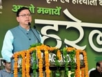CM Pushkar Singh Dhami speaks during a tree plantation program organized by the Forest Department on the occasion of Harela festival, in Dehradun.(ANI)