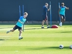 Barcelona's Dutch midfielder Frenkie De Jong runs during a training session at the Joan Gamper training ground. Barcelona's Dutch midfielder Frenkie De Jong runs during a training session at the Joan Gamper training ground.