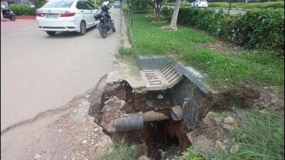 After a portion of the road caved in near the Sector 7/8-17/18 roundabout, which is one of the busiest rotaries in Panchkula, only a brick and a branch were placed near it to warn motorists. (Sant Arora/HT) After a portion of the road caved in near the Sector 7/8-17/18 roundabout, which is one of the busiest rotaries in Panchkula, only a brick and a branch were placed near it to warn motorists. (Sant Arora/HT)