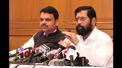 Dy CM Devendra Fadnavis and CM Eknath Shinde interact with media during a press conference at Sahyadri Guest House, in Mumbai, India, on Saturday (Hindustan Times) Dy CM Devendra Fadnavis and CM Eknath Shinde interact with media during a press conference at Sahyadri Guest House, in Mumbai, India, on Saturday (Hindustan Times)