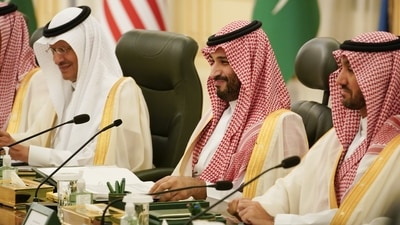 Saudi Crown Prince MBS was asked whether he would apologise to Jamal Khashoggi's family at the Biden-MBS press meet in Jeddah. (AP) Saudi Crown Prince MBS was asked whether he would apologise to Jamal Khashoggi's family at the Biden-MBS press meet in Jeddah. (AP)