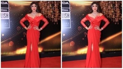 Actor Shilpa Shetty won RK Jewellers Presents Timeless Style Icon at HT India's Most Stylish 2022 awards. For the occasion, she wore a red off-shoulder gown. (HT Photo/Varinder Chawla) Actor Shilpa Shetty won RK Jewellers Presents Timeless Style Icon at HT India's Most Stylish 2022 awards. For the occasion, she wore a red off-shoulder gown. (HT Photo/Varinder Chawla)