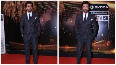 Actor Ranbir Kapoor won the Skoda Presents Most Stylish Superstar (Male) award at HT India's Most Stylish 2022 awards. For the occasion, the dad-to-be wore a checkered three-piece pantsuit. (HT Photo/Varinder Chawla)