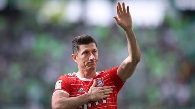 Bayern Munich's Polish forward Robert Lewandowski greets and holds a hand on his heart after a Bundesliga match. (AFP) Bayern Munich's Polish forward Robert Lewandowski greets and holds a hand on his heart after a Bundesliga match. (AFP)