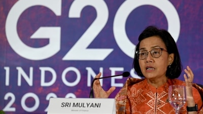Indonesian finance minister Sri Mulyani Indrawati speaks to the media during a press conference at the G20 finance ministers and central bank governors Meeting in Bali. (AP) Indonesian finance minister Sri Mulyani Indrawati speaks to the media during a press conference at the G20 finance ministers and central bank governors Meeting in Bali. (AP)