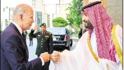 Saudi Crown Prince Mohammed Bin Salman (right) fist bumps US President Joe Biden, in Jeddah on Friday. (Reuters)