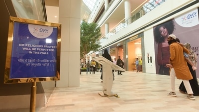 LuLu Mall Lucknow put up notices regarding the ban on religious prayers. (PTI) LuLu Mall Lucknow put up notices regarding the ban on religious prayers. (PTI)