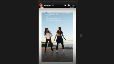 The image is a screenshot of Varun Dhawan's Instagram Stories where he shared the video of two women dancing to JugJugg Jeeyo’s Rangisari at a beach. (Instagram/@varundvn)