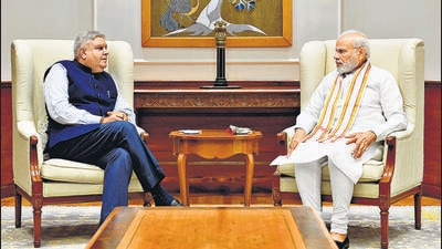 New Delhi, India - July 16, 2022: West Bengal governor Jagdeep Dhankhar called on Prime Minister Narendra Modi in New Delhi, India, on Saturday, July 16, 2022. BJP announced Jagdeep Dhankhar as its candidate for the Vice Presidential election 2022 after a parliamentary board meeting at party headquarters. (PMO / Twitter) New Delhi, India - July 16, 2022: West Bengal governor Jagdeep Dhankhar called on Prime Minister Narendra Modi in New Delhi, India, on Saturday, July 16, 2022. BJP announced Jagdeep Dhankhar as its candidate for the Vice Presidential election 2022 after a parliamentary board meeting at party headquarters. (PMO / Twitter)
