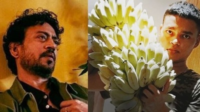 Irrfan and Sutapa's son Ayan holds a bunch of bananas. Irrfan and Sutapa's son Ayan holds a bunch of bananas.