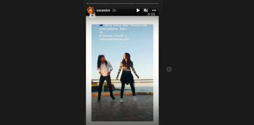 The image shows Varun Dhawan's Instagram Stories where he shared the video of two women dancing to Rangisari from the film JugJugg Jeeyo. (Instagram/@varundvn)