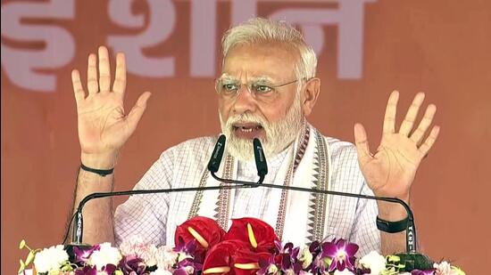 Prime Minister Narendra Modi addressed a public gathering near Uttar Pradesh’s Katheri village after inaugurating the Bundelkhand expressway on Saturday. (ANI)