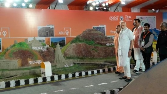 PM Modi visits a sand art of the Bundelkhand Expressway during the inauguration of the expressway in Jalaun district.&nbsp;(AP Photo)