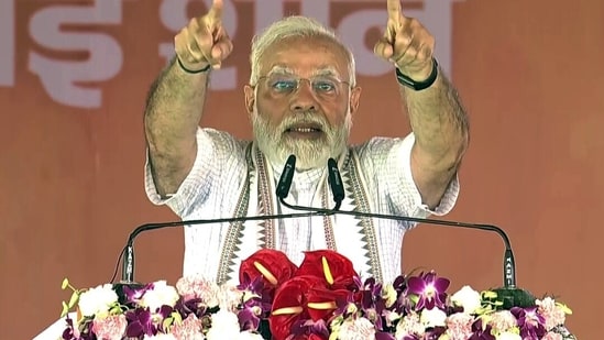 Jalaun, July 16 (ANI): Prime Minister Narendra Modi addresses at the inauguration of 296 km long four-lane Bundelkhand Expressway, at Kaitheri Village, Orai, in Jalaun on Saturday.&nbsp;(ANI)