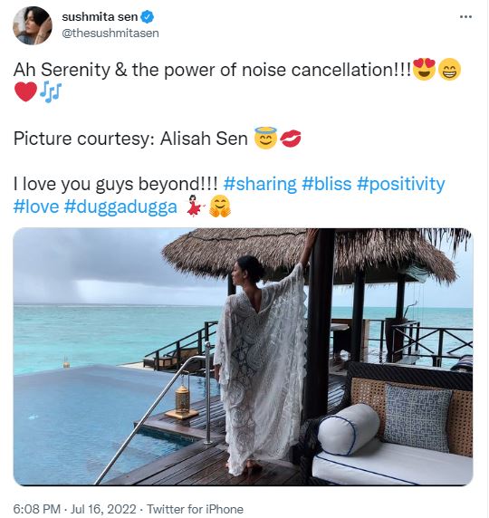 Sushmita posted a photo of herself as she gazed into the blue ocean.