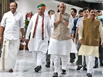 Defence Minister Rajnath Singh, Union Minister of Parliamentary Affairs, Coal and Mines Pralhad Joshi, Union Minister of State for Parliamentary Affairs and Culture Arjun Ram Meghwal and Union Minister of State for External Affairs V Muraleedharan arrive to attend an all-party meeting. Defence Minister Rajnath Singh, Union Minister of Parliamentary Affairs, Coal and Mines Pralhad Joshi, Union Minister of State for Parliamentary Affairs and Culture Arjun Ram Meghwal and Union Minister of State for External Affairs V Muraleedharan arrive to attend an all-party meeting.