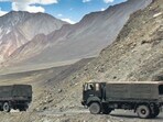Indian Army trucks at Pangong Tso lake near the India-China border in Ladakh area. (AP File)