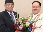 Prachanda (left) with BJP chief JP Nadda. (Twitter/JP Nadda) Prachanda (left) with BJP chief JP Nadda. (Twitter/JP Nadda)