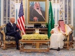 This handout aerial image released by the Saudi Press Agency (SPA) shows Saudi Arabia's King Salman bin Abdulaziz and US President Joe Biden at al-Salman Palace in the Red Sea coastal city of Jeddah. This handout aerial image released by the Saudi Press Agency (SPA) shows Saudi Arabia's King Salman bin Abdulaziz and US President Joe Biden at al-Salman Palace in the Red Sea coastal city of Jeddah.