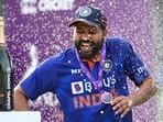 India captain Rohit Sharma celebrates by being sprayed with champagne. (Getty) India captain Rohit Sharma celebrates by being sprayed with champagne. (Getty)