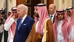 US President Joe Biden (left) and Saudi Crown Prince Mohammed bin Salman (right) arrive for the family photo during the Jeddah Security and Development Summit (CCG+3) at a hotel in the coastal city from Jeddah, Saudi Arabia on July 16.  2022. (Photo by MANDEL NGAN / POOL / AFP)