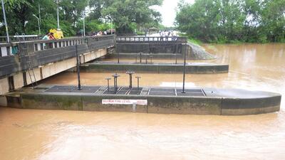 One of the three floodgates of Sukhna Lake was opened around 1.30 am after the rain on Saturday night. (Keshav Singh/HT)
