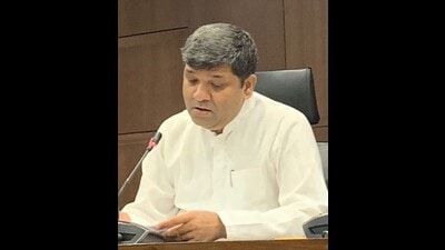 U.P. technical education minister Ashish Patel addressing a press conference in Lucknow. (Sourced)