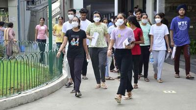 Students leaving the examination centre after appearing in the NEET exam in Ludhiana. (Harvinder Singh/HT) Students leaving the examination centre after appearing in the NEET exam in Ludhiana. (Harvinder Singh/HT)