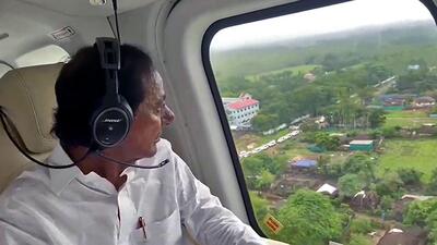 KCR undertaking an aerial survey of a flood-hit area. (Telangana CMO Twitter) KCR undertaking an aerial survey of a flood-hit area. (Telangana CMO Twitter)