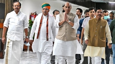 Defence Minister Rajnath Singh, Union Minister of Parliamentary Affairs, Coal and Mines Pralhad Joshi, Union Minister of State for Parliamentary Affairs and Culture Arjun Ram Meghwal and Union Minister of State for External Affairs V Muraleedharan arrive to attend an all-party meeting. (PTI) Defence Minister Rajnath Singh, Union Minister of Parliamentary Affairs, Coal and Mines Pralhad Joshi, Union Minister of State for Parliamentary Affairs and Culture Arjun Ram Meghwal and Union Minister of State for External Affairs V Muraleedharan arrive to attend an all-party meeting. (PTI)