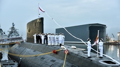 Eastern Naval Command Flag Officer Commanding-in-Chief Vice Admiral Biswajit Dasgupta with other officers during the decommissioning of INS Sindhudhvaj, in Visakhapatnam.&nbsp; (ANI)