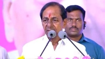 Telangana chief minister KCR speaking on Saturday at an event welcoming Yashwant Sinha to the state. (file image)