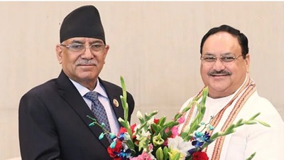Prachanda (left) with BJP chief JP Nadda. (Twitter/JP Nadda)