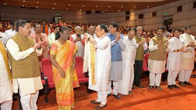 New Delhi, July 17 (ANI): National Democratic Alliance’s (NDA) Presidential candidate Droupadi Murmu being felicitated by Bharatiya Janata Party (BJP) National President JP Nadda during a NDA meeting ahead of the Monsoon Session of Parliament, at the Parliament, in New Delhi on Sunday. External Affairs Minister S Jaishankar, Union Ministers Dharmendra Pradhan, Jyotiraditya Scindia, Pralhad Joshi, Piyush Goyal, and others are also present. (ANI Photo) (Amlan Paliwal) New Delhi, July 17 (ANI): National Democratic Alliance’s (NDA) Presidential candidate Droupadi Murmu being felicitated by Bharatiya Janata Party (BJP) National President JP Nadda during a NDA meeting ahead of the Monsoon Session of Parliament, at the Parliament, in New Delhi on Sunday. External Affairs Minister S Jaishankar, Union Ministers Dharmendra Pradhan, Jyotiraditya Scindia, Pralhad Joshi, Piyush Goyal, and others are also present. (ANI Photo) (Amlan Paliwal)