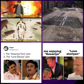 Memes about Kesariya and its lyrics ‘love storiyaan’ from Brahmastra. Memes about Kesariya and its lyrics ‘love storiyaan’ from Brahmastra.