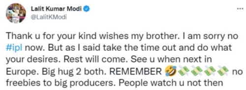 Lalit Modi's tweet for Ranveer Singh. Lalit Modi's tweet for Ranveer Singh.