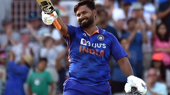 India's Rishabh Pant celebrates after reaching a century(AP)