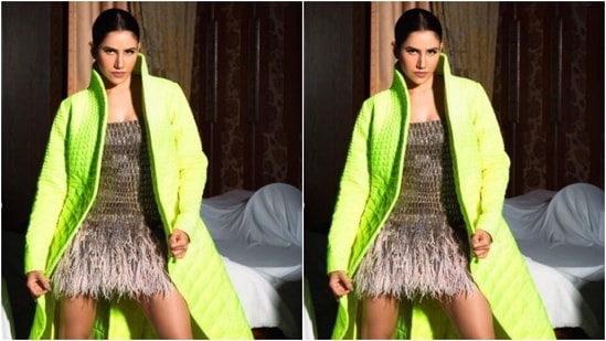 Sonnalli added more glam to her look with an oversized neon green jacket that featured overlapping layers at the back.(Instagram/@sonnalliseygall)